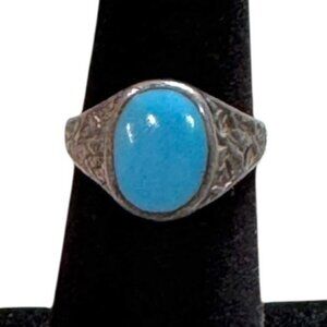 Vintage Sterling Silver Turquoise Blue Stone Art Deco Womens Oval Ring Size 5